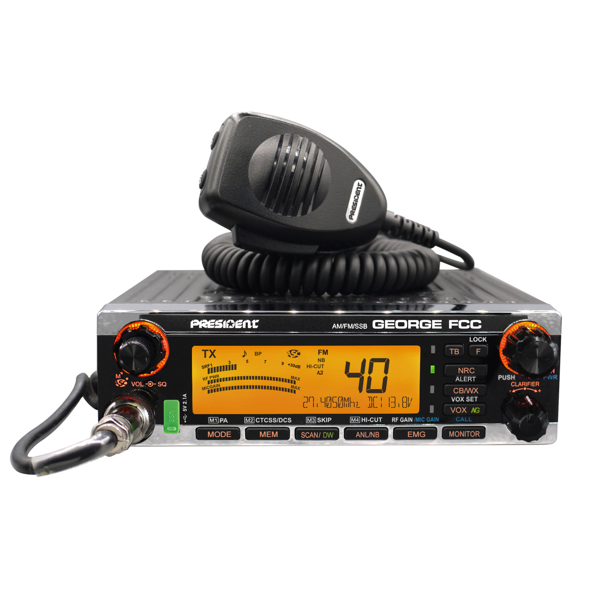 PRESIDENT George FCC 40-Channel CB Radio with AM/FM/PA/SSB Modes, NOAA® Alerts, P-Channels, Emergency Channels, VOX, Auto Squelch, USB, ANL & Mic, TXUS901